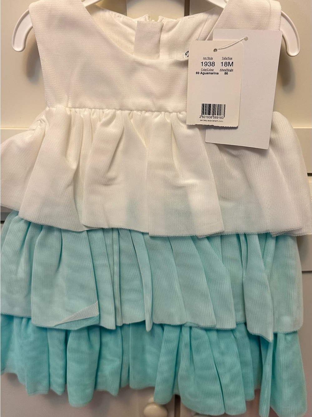 Tiered Ruffle Baby Dress in White and Aquamarine